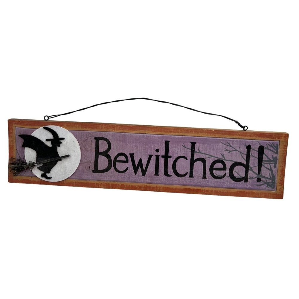 Wooden Halloween Sign Bewitched Wall Door Hanging Purple Orange Witchy